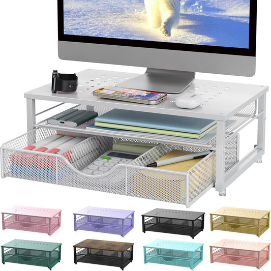 gianotter Computer Monitor Stand Riser, office organizer with Drawer, Office Organizers Storage for Classroom Office Supplies (White)
