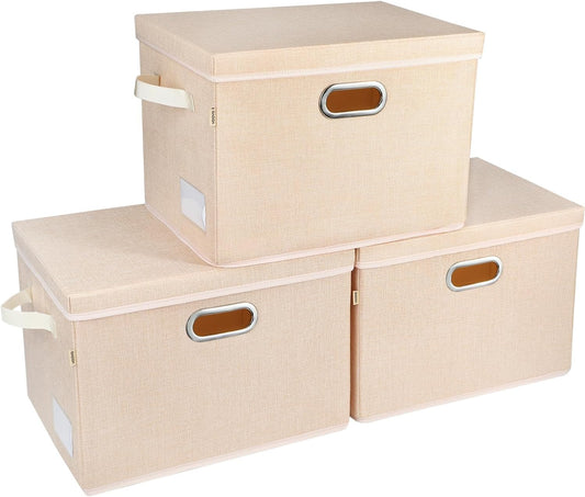 Voova Large Collapsible Storage Bins with Lids, 3 Pack Stackable Line Fabric Cube Storage Organizer, Foldable Closet Storage Boxes Baskets Containers with Cover for Clothes Bedroom Office Home,Apricot