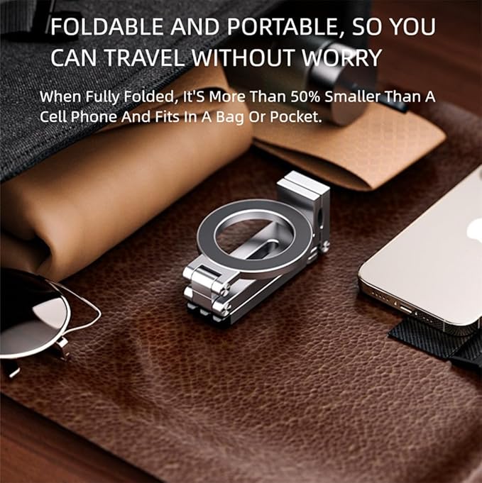 Esimen Magnetic Phone Tripod Stand for iPhone 16/15/14/13/12 Series, Foldable Pocket-Size Alloy Holder with 360° Rotation, Strong MagSafe Grip, 1/4" Screw Mount, Portable Desk & Travel Vlog Stand