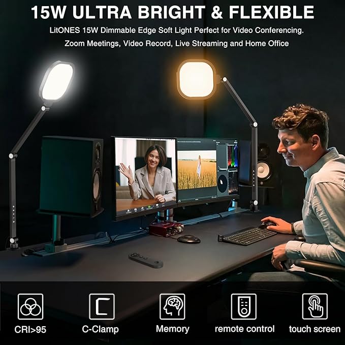 Video Conference Light for Computer, Dimmable Camera Lighting for Video Recording, Meeting, Laptop & Webcam, 15W Ring Light with C- Clamp,Swing Arm, Remote, Memory & Timer CRI >95