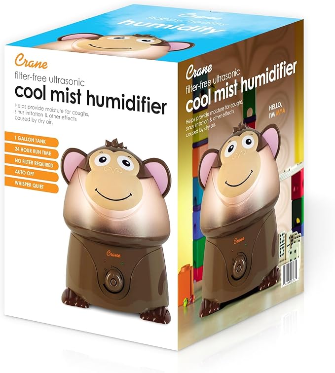 Crane Adorables Ultrasonic Humidifiers for Bedroom and Baby Nursery, 1 Gallon Cool Mist Air Humidifier for Large Room or Kid's Room, Humidifier Filters Optional, Monkey