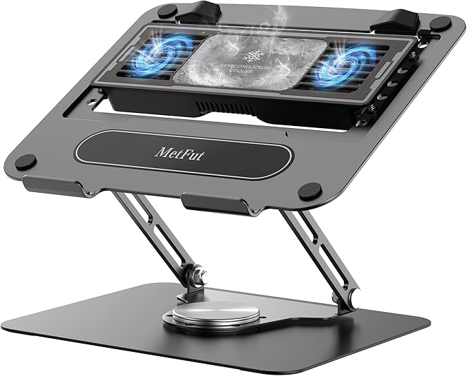 Laptop Cooling Stand with Detachable Thermoelectric Cooler, Adjustable Height & Angle, 360 Rotation Base, Carbon Steel Framework, Ultra-Quiet & Super Sturdy for up to 15.6” Laptop (Black)