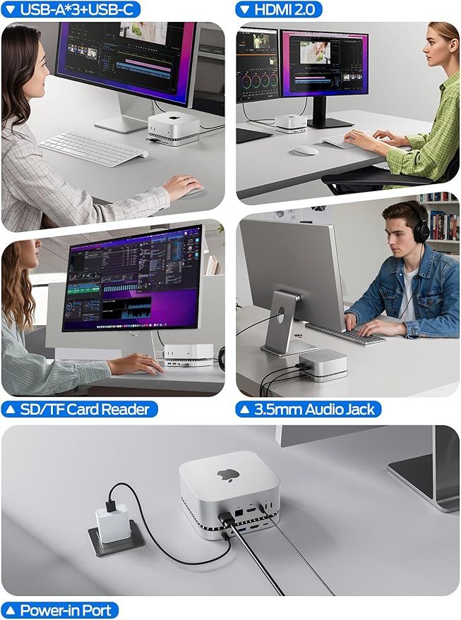 MOVE SPEED Mac mini M4 Dock with 2TB NVMe SSD, 10 in 1 Aluminum Stand Hub, 10Gbps USB-C/A, 4K60Hz HDMI, SD/TF Reader, Space-Saving Vertical Design