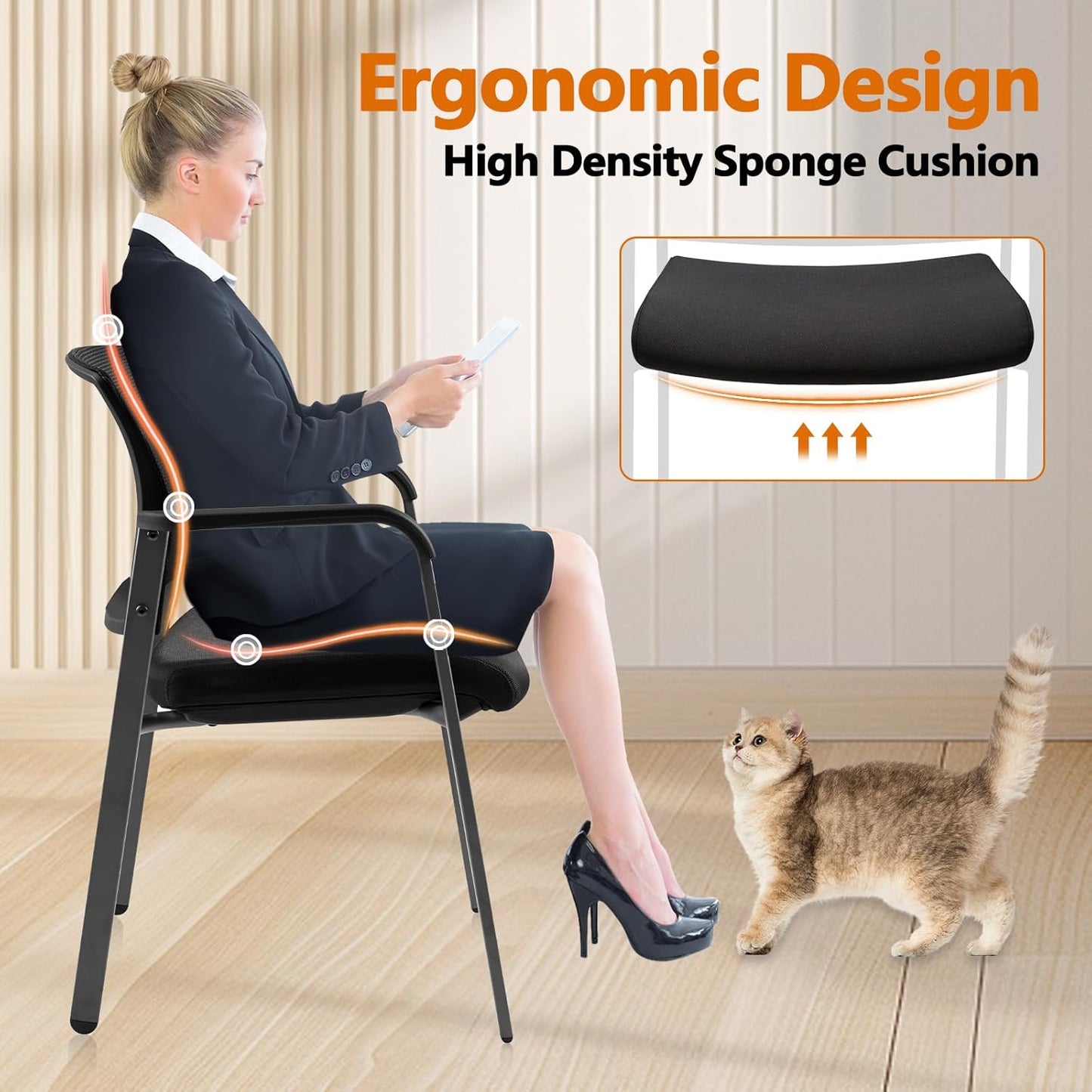 CLATINA Mesh Back Stacking Arm Chairs with Upholstered Fabric Seat and Ergonomic Lumbar Support for Office School Church Guest Reception Black 2 Pack Set