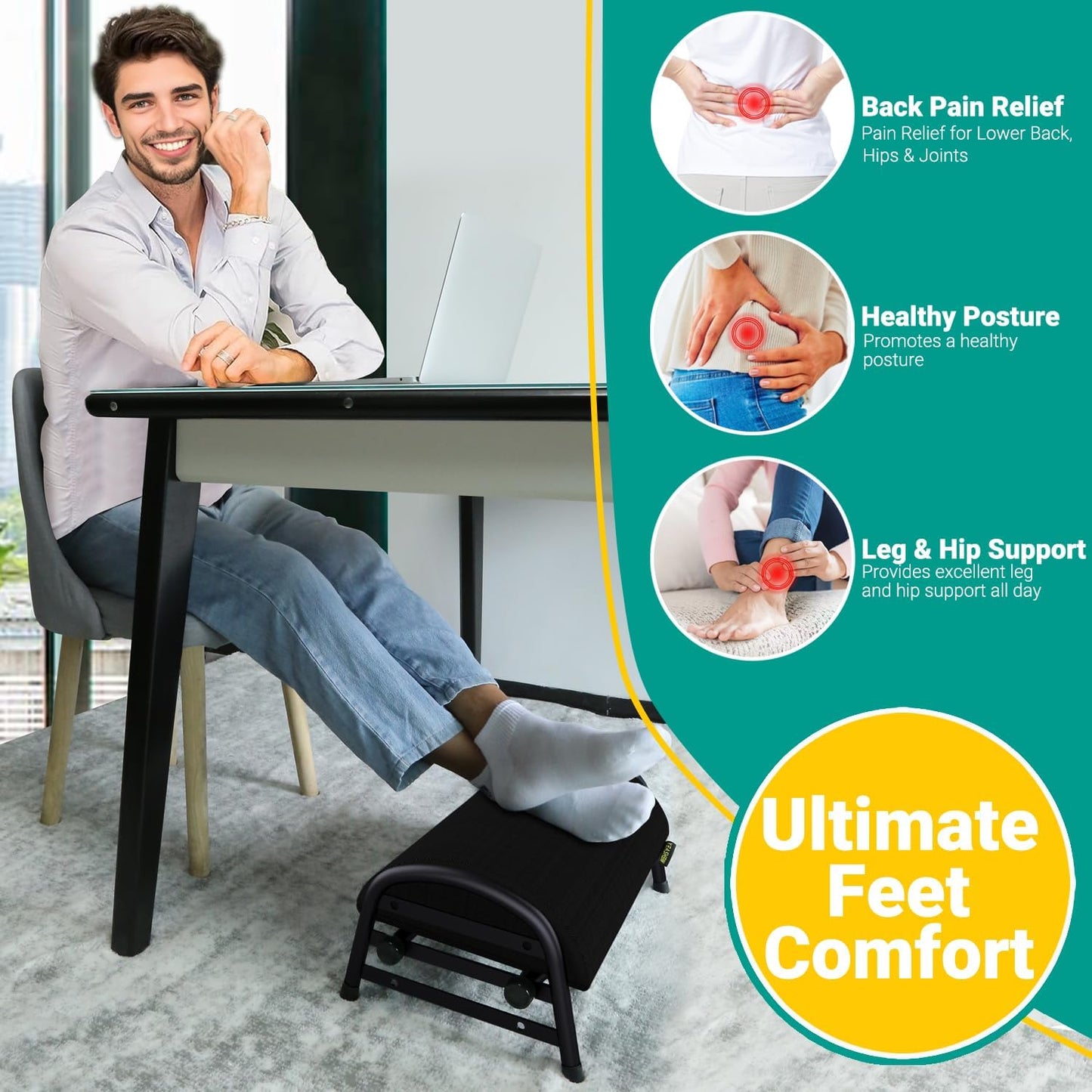 Foot Rest for Under Desk at Work, Adjustable Height Office Footrest for Leg Support, Memory Foam Foot Stool, Office Desk Accessories