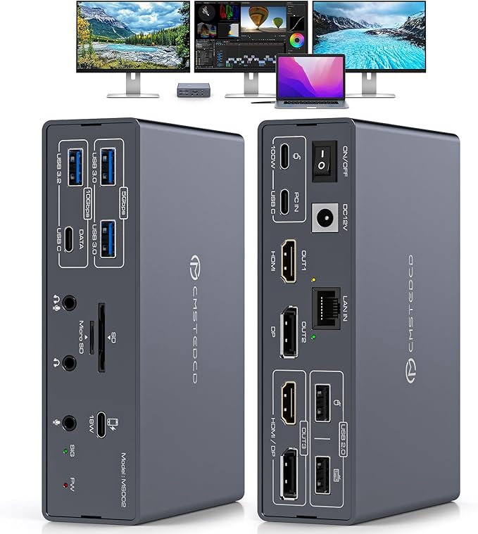 TJCXELE Displaylink Docking Station 4K@60Hz 3 Monitors USB C Dock for MacBook M1 M2 M3 M4,19-in-1 Thunderbolt Dock with 2 HDMI & 2 DisplayPort,PD 100W/USB 3.2 10G USB/Ethernet/Card Readers/Audio
