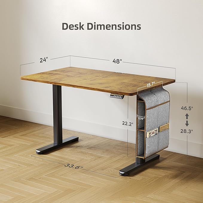 Claiks Electric Standing Desk Adjustable Height with Spacious Storage Bag, 48x24 Inch Stand Up Desk with Headphone Hook, Sit Stand Table for Home Office Computer Workstation, Rustic Brown
