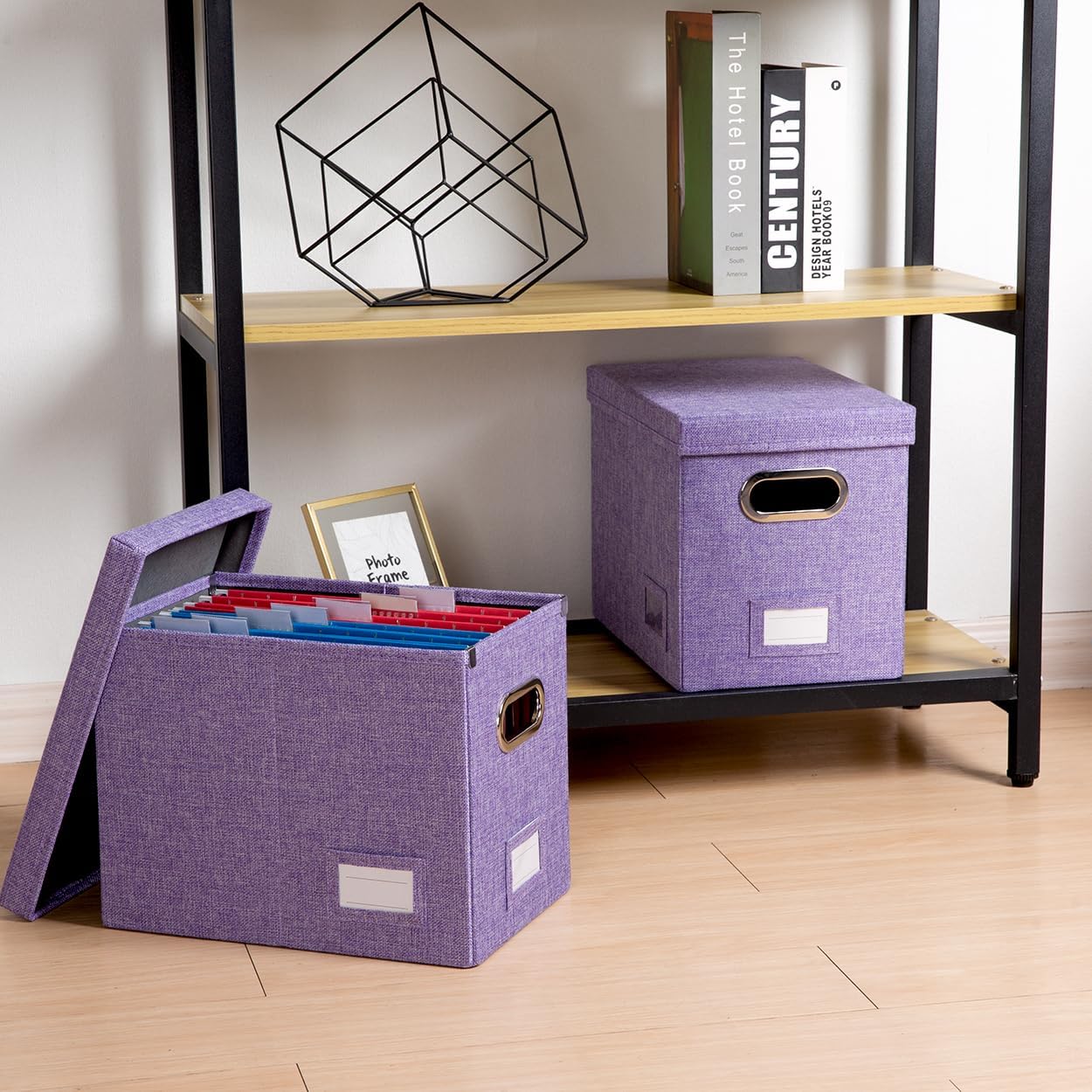 PRANDOM File Organizer Box - Set of 1 Collapsible Decorative Linen Filing Storage Hanging File Folders with Lids Office Cabinet Letter Size Purple (14x9.3x10.8 inch)