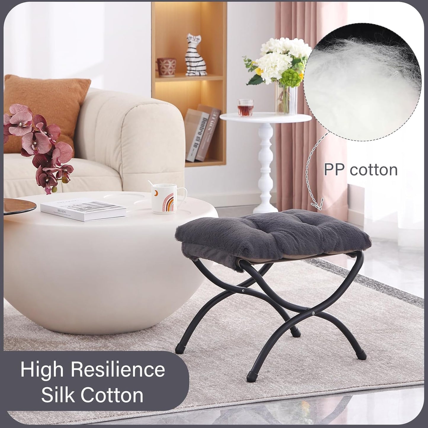 LITA Folding Upholstered Footrest Stool, Modern Small Portable Accent Ottoman with Detachable Thick Cotton Cushion Padded Sofa Stool with Metal Frame for Lazy Chair, Living Room & Bedroom