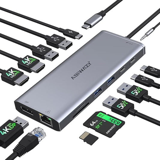 USB C Hub USB-C Docking Station Dual Monitor 14 in 1 Triple Display Multiport Adapter with 2 HDMI+DP+7 USB Type C/A Ports+Ethernet+Audio, USBC Dongle for Dell/HP/Lenovo ThinkPad/Surface(Grey)
