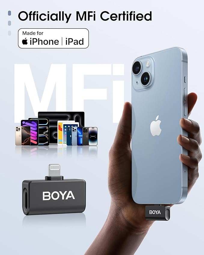 BOYA Omic Wireless Microphone for iPhone/Android with MFi Certified Lightning/USB-C Plug, Noise Reduction, 164ft 30H Battery Life with Charging Case, iPhone Microphone for Video Recording-Black