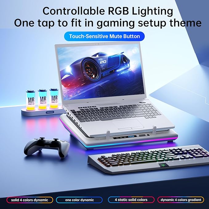 llano RGB Laptop Cooling Pad, White, Powerful Turbofan, Quiet Cooling, Touch Control, LCD Screen, Seal Foam, 15-19in Laptops