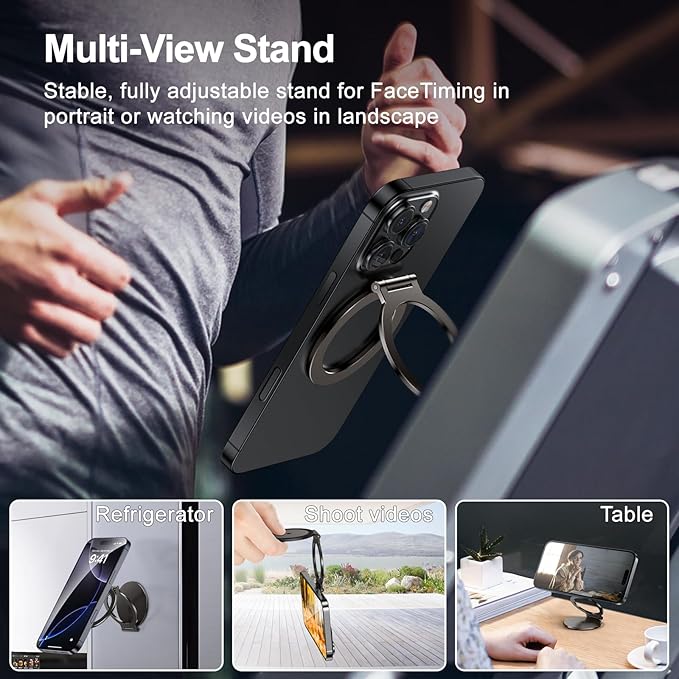 Dual Magnetic Ring Phone Holder for MagSafe, 1/4" Screw Hole Tripod Mount, Attach Your Phone to Iron Object, Adjustable Gym Phone Stand for iPhone 16/15/14/13 Pro Max & All Phones