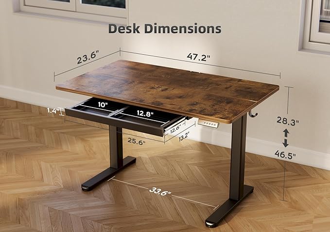 YDN Standing Desk with Drawers, Electric Adjustable Height 48 x 24 Inch Stand Up Desks for Home Office, Rustic Brown