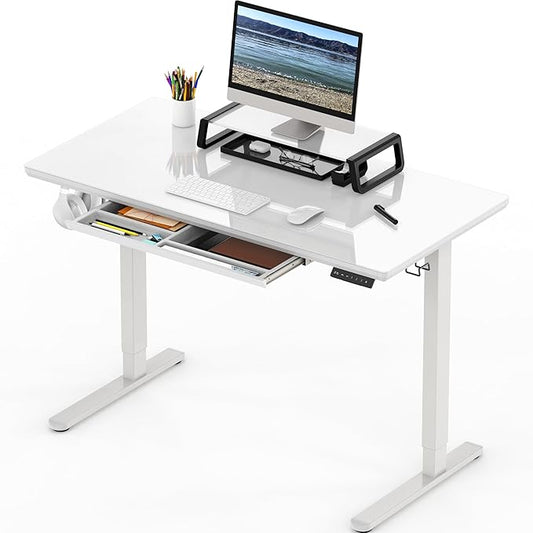 SHW 48x24 Glass Electric Height Adjustable Standing Desk – Motorized Sit Stand Desk with Monitor Riser, Pull-Out Drawer, Memory Presets, White