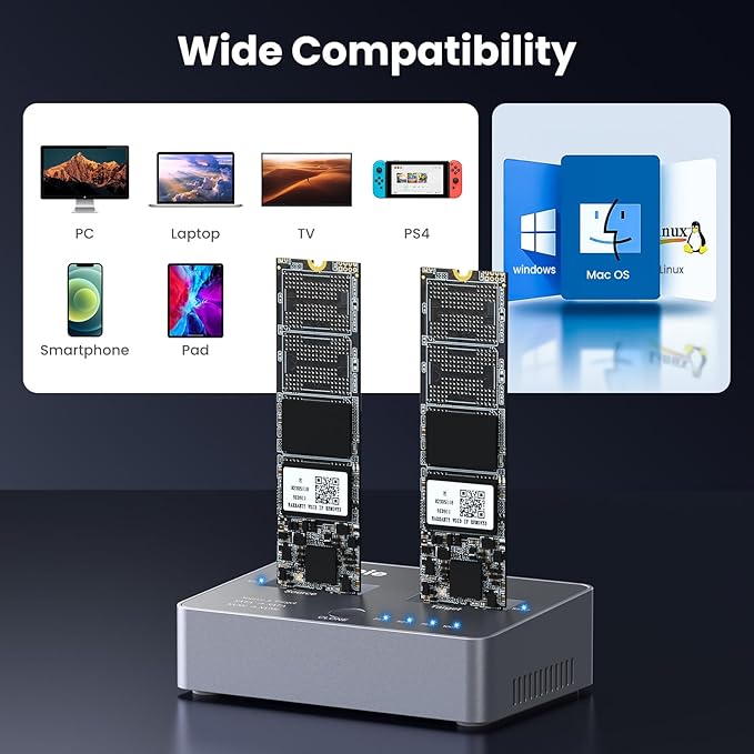 M.2 NVME/SATA Duplicator, Coolpie CR121 Dual-Bay Offline Clone M.2 NVME/SATA Docking Station, USB3.2 Gen2*2 20Gbps M.2 Cloner for SSD Size 2230/2242/2260/2280/22110