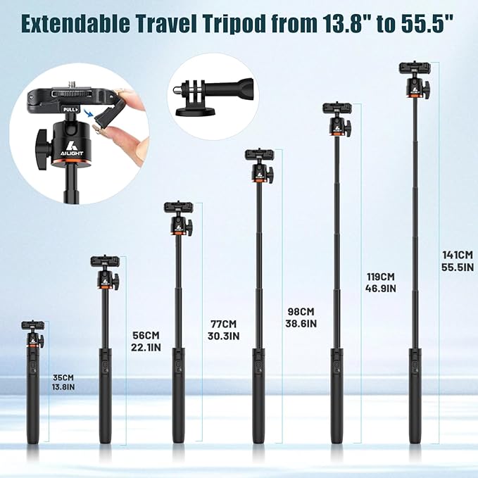 Ailight 60" Extendable Travel Tripod & Selfie Stick with Cold Shoe & Wireless Remote, 360° Ball Head for Vlogging - Lightweight Phone Tripod for iPhone