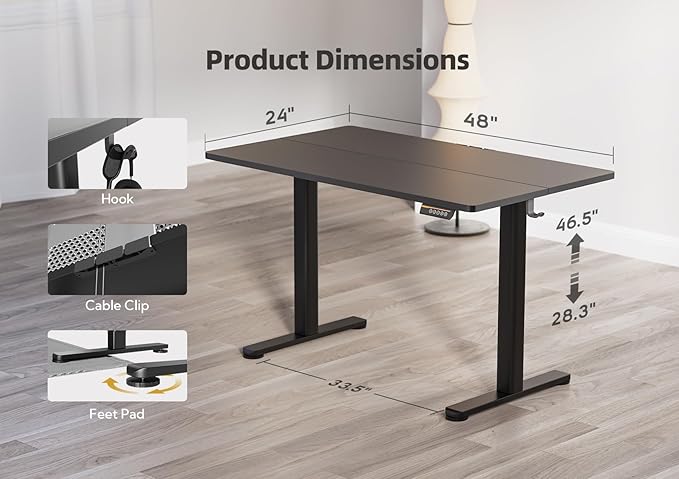 YDN Electric Standing Desk Adjustable Height, 48 x 24 Inches Stand up Desk with Cable Management, Home Office Desks with Splice Board & Black Frame, Black Top