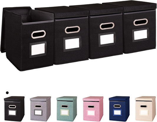 4 Pack Hanging File Folders Organizer with Lid, Letter Size Fabric File Storage Box Collapsible, Portable Office Document Holder with Metal Handle, Smooth PVC Rails, Black