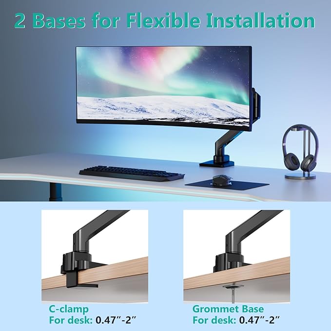 WALI Ultrawide Monitor Arm for 17 to 49 Inch Heavy Duty Curved Screens, Holds 44 Lbs, Adjustable Gas Spring Single Monitor Desk Mount for Samsung Odyssey G9, 75x75/100x100 VESA (GSM001XL-P), Black