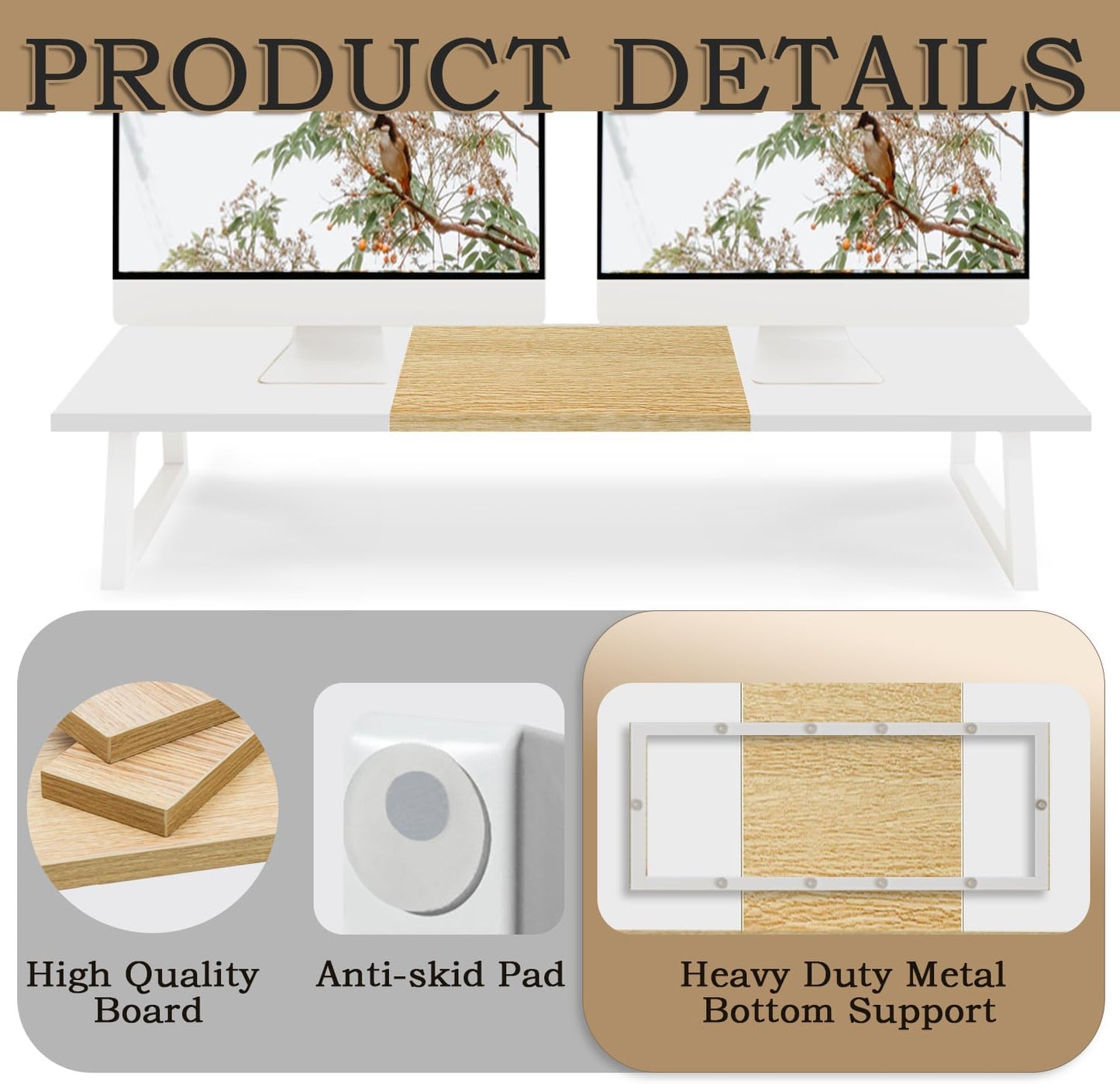 TEAMIX Dual Monitor Riser with Metal Leg, 31.5 inch Long Monitor Stand Riser Wide TV Stand Riser White Monitor Stand for 2 Monitors Wood & Steel Desktop Riser for Home Office Desk Organization