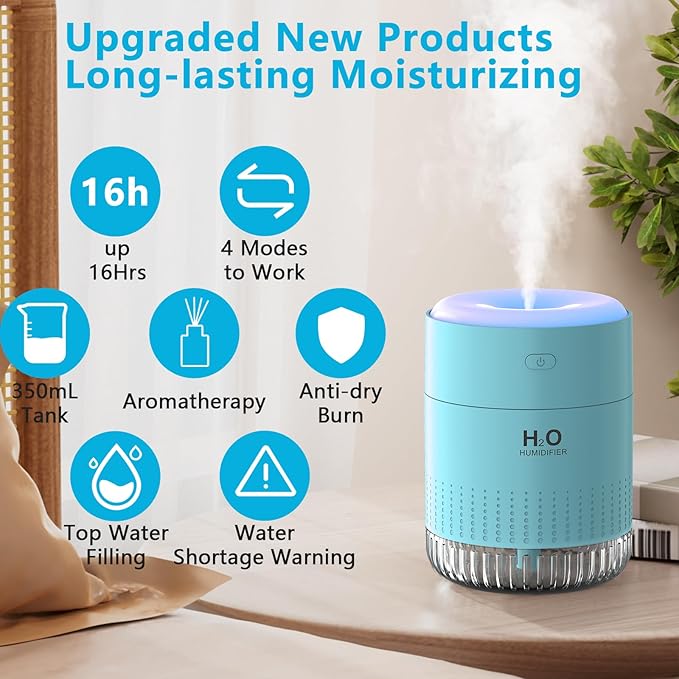 Colorful Mini Humidifier, USB Rechargeable Humidifier, small humidifier, 4 Modes Super Quiet, Humidifiers For Bedroom,Suitable For Travel Office Family Baby Bedroom-Blue