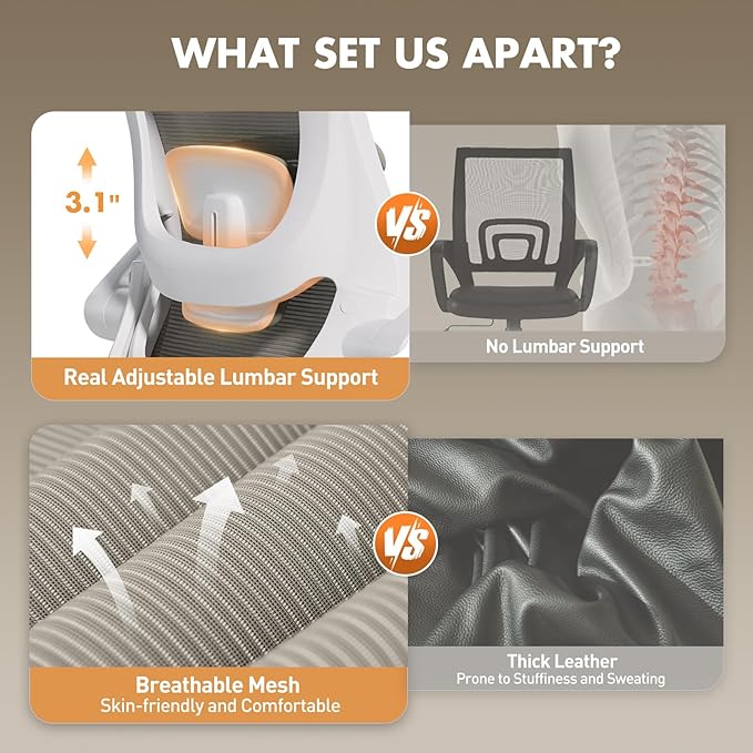 High Back Office Chair with Adjustable Lumbar Support & Headrest, Ergonomic Mesh Desk Chair with Flip-Up Armrests, Breathable & Comfortable Computer Chair for Home, Office & Study, Khaki