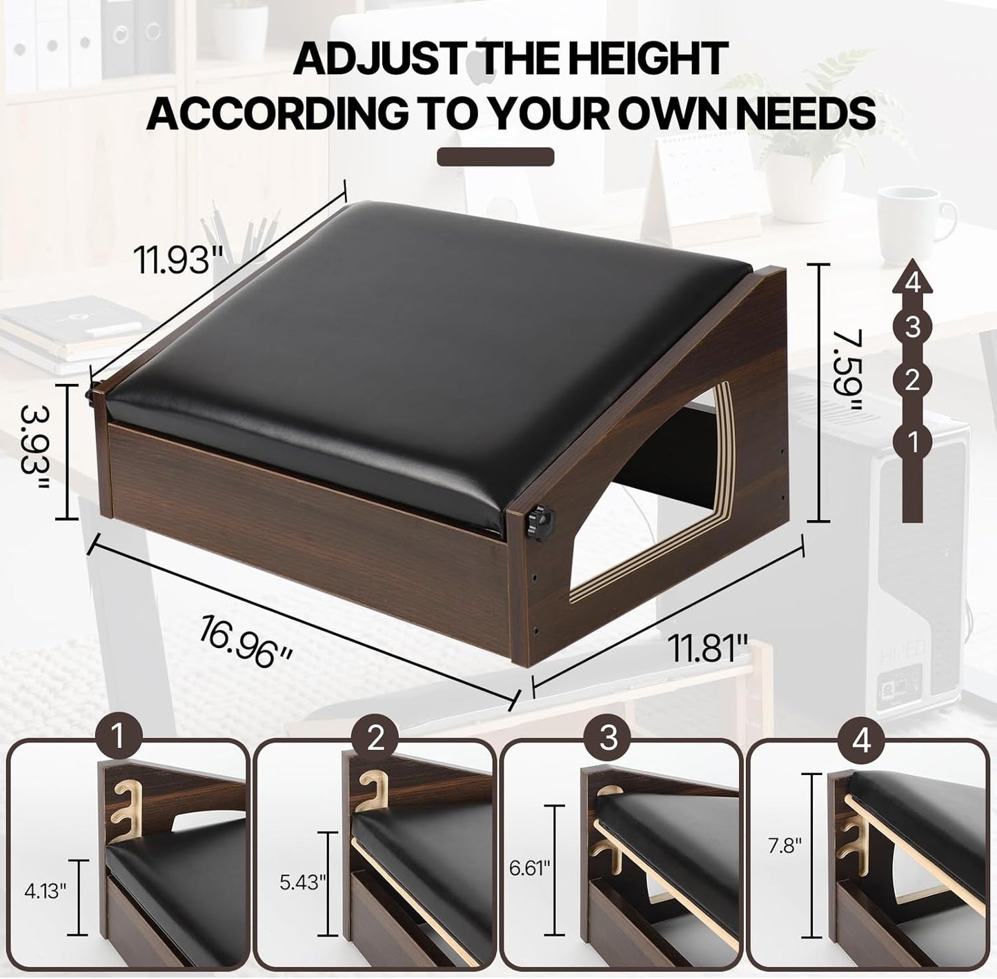 Ergonomic Foot Rest, 4 Adjustable Height Foot Stool,Footrest Under Desk， Flip Over Office Desk Foot Rest, Improving Posture, Promoting Blood Circulation（Espresso）