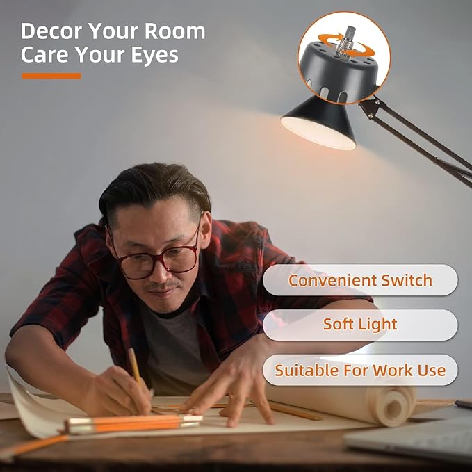2 Pack Desk Lamp w/A19 E26 LED Bulb for Home Office Eye-Caring Metal Extra Tall Swing Arm High Intensity Clamp Flexible Gooseneck Side Table Working Reading Computer Workbench 3000K+ 5000K Light