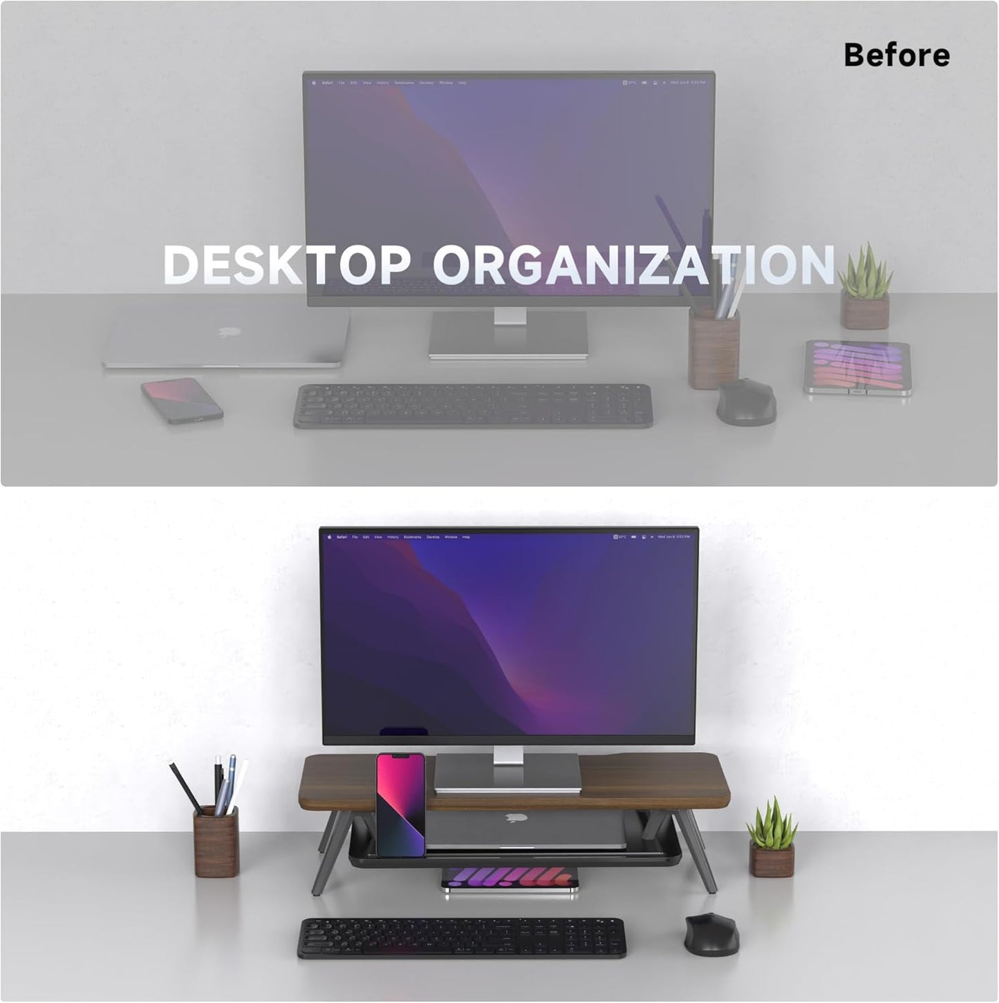 Fenge Monitor Stand, Monitor Stands Riser for Desk, 23.6 Inch Wood Desk Shelf with Storage Organizer and Cable Management for Office Desk Accessories