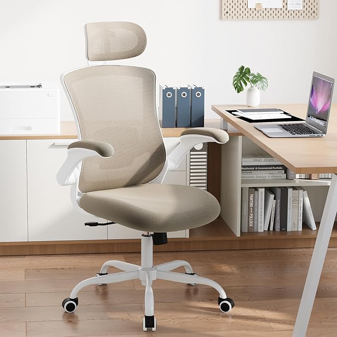 High Back Office Chair with Adjustable Lumbar Support & Headrest, Ergonomic Mesh Desk Chair with Flip-Up Armrests, Breathable & Comfortable Computer Chair for Home, Office & Study, Khaki