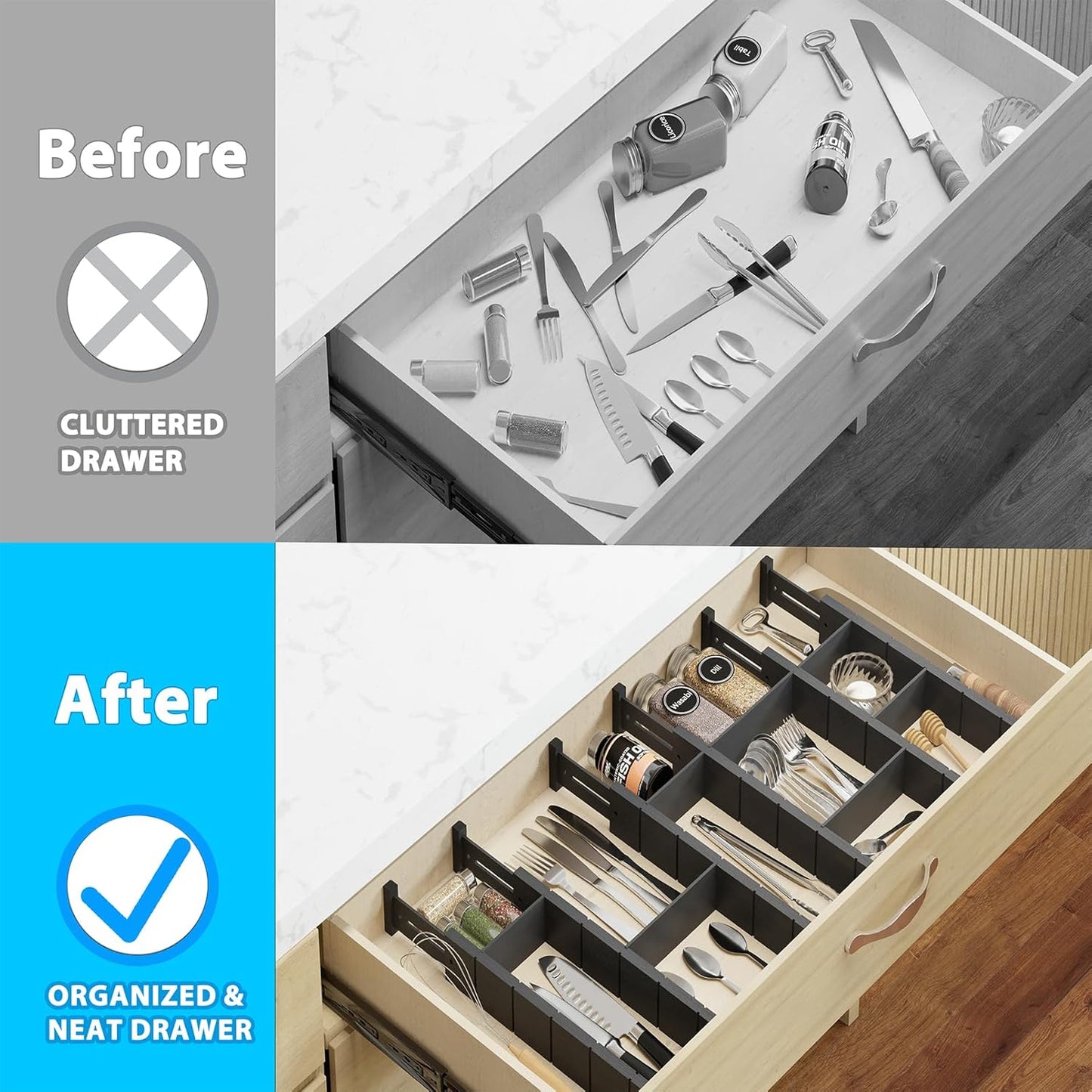 6 Pack Bamboo Drawer Dividers with 12 Inserts, Expandable Adjustable Clothes Drawer Organizers and Storage from 17" to 22" for Kitchen, Bedroom, Dresser, Cosmetics (Black)