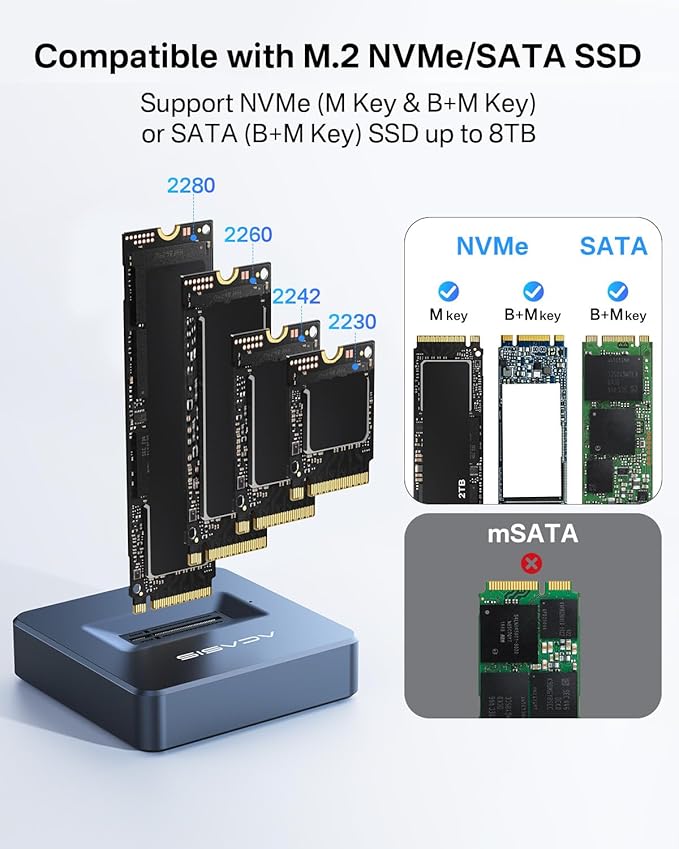 ACASIS M.2 NVMe & SATA to USB C Docking Station, NVME SSD Enclosure Adapter, USB 3.2 Gen 2(10 Gbps), Aluminium Alloy Housing, Support M.2 (M Key) NVMe and (B+M Key) SATA-Based SSD