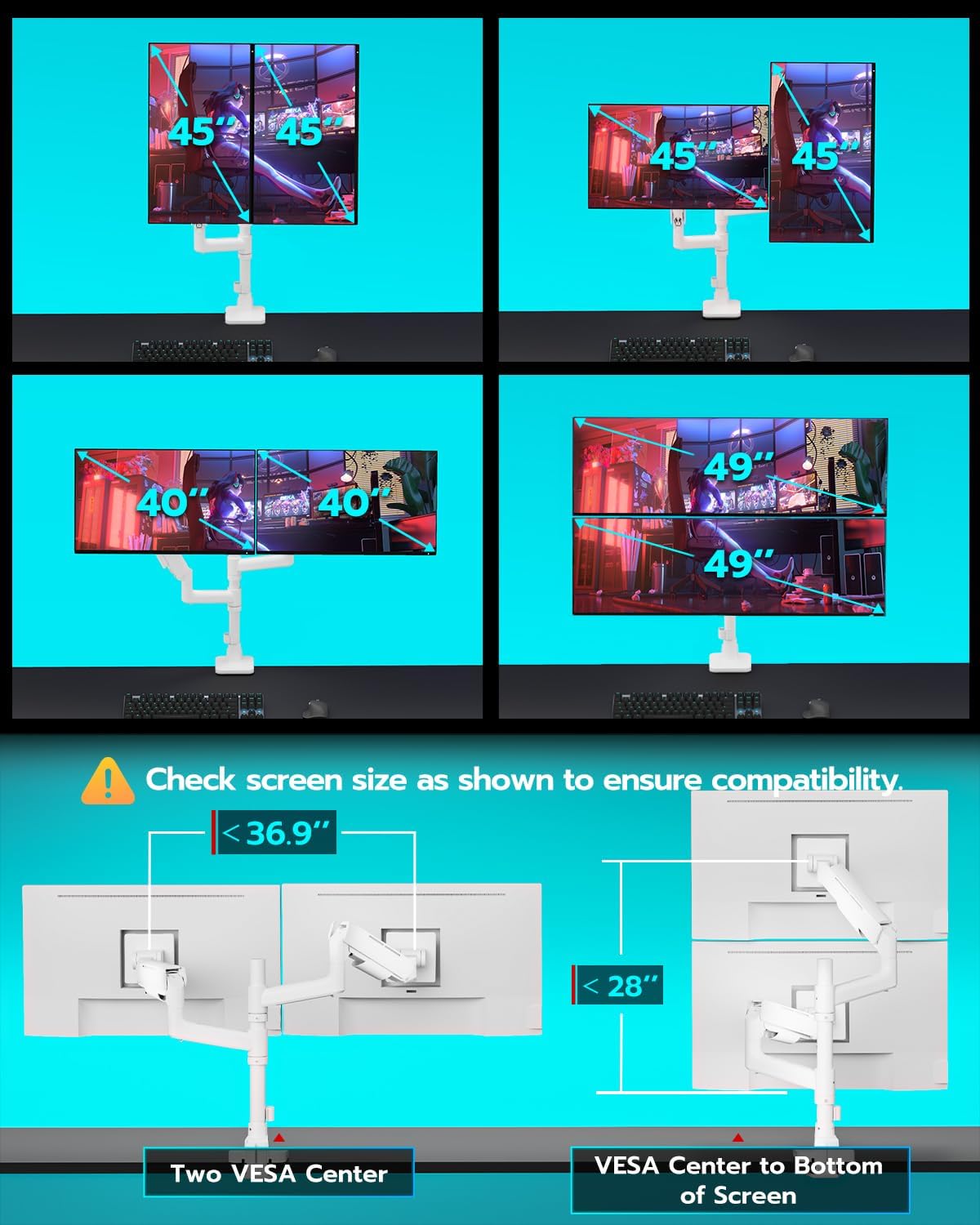 Vertical Dual Monitor Mount for 17-49 Inch Ultrawide Heavy Duty Curved Screen Stacking, Computer Monitor Arm Desk Mount with USB, Gas Spring Adjustable Vesa Stand, White