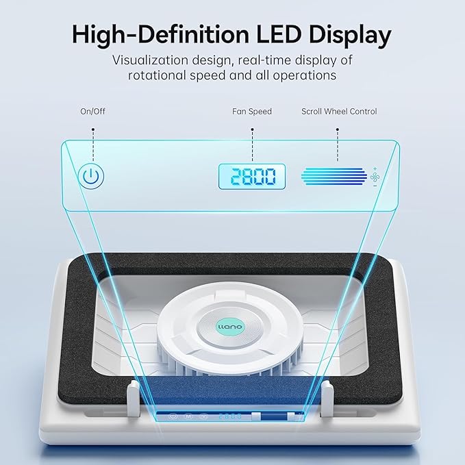 llano V13 Laptop Cooling Pad with 5.5" Turbofan – High-Speed Cooling for 15-21 Inch Gaming Laptops, Adjustable Speed & Touch Control, 3-Port USB Hub, with Mousepad, White