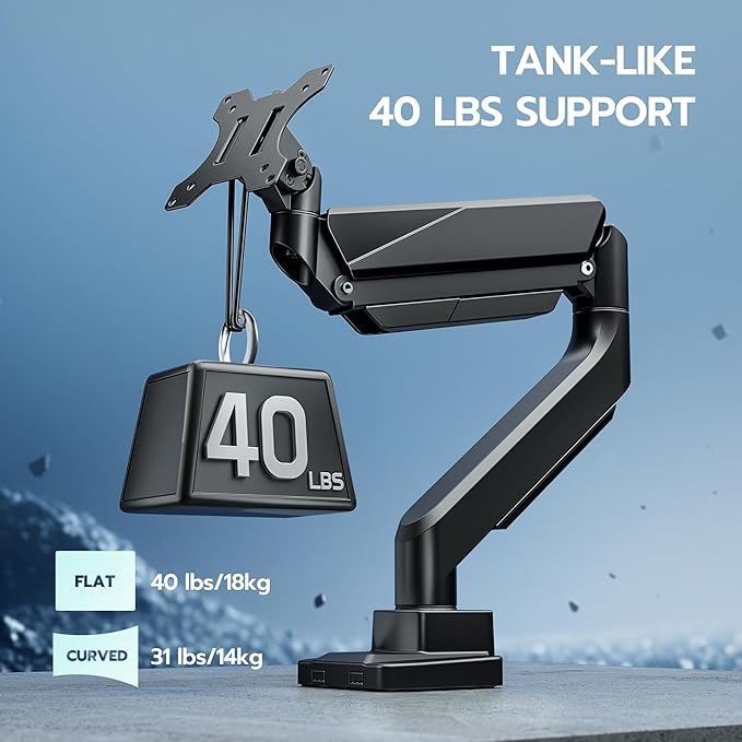 ARES WING Ultrawide Single Monitor Arm, Heavy Duty Monitor Mount for 13"-45" Curved Screens, Adjustable Stand for Desk with C-clamp & Grommet Base up to 40 LBS, Black
