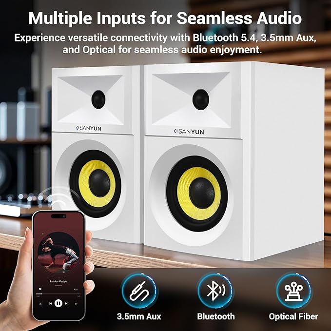 SW205 4" Bookshelf Speakers | Immersive HiFi Audio with Virtual Surround | Flagship DAC/DSP Engine | Geometric Diffusion Cabinet | 80W, Bluetooth 5.4/Optical/AUX Inputs, Wireless Remote, White