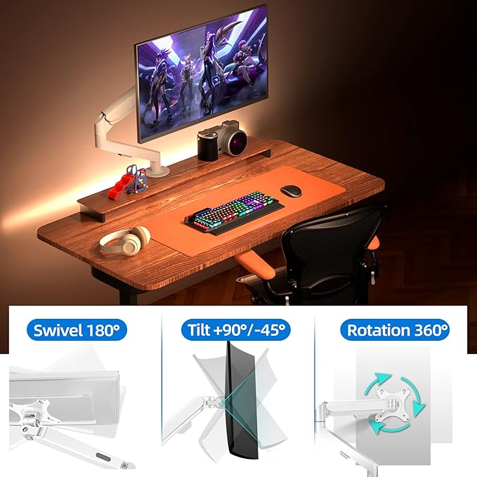 White Single Monitor Arm Mount 17 to 34 inch Articulating Gas Spring Arm 4.4 to 19.8lbs Adjustable Vesa 100 * 100mm Desk Stand with Clamp and Grommet LCD Computer Brachet M5W