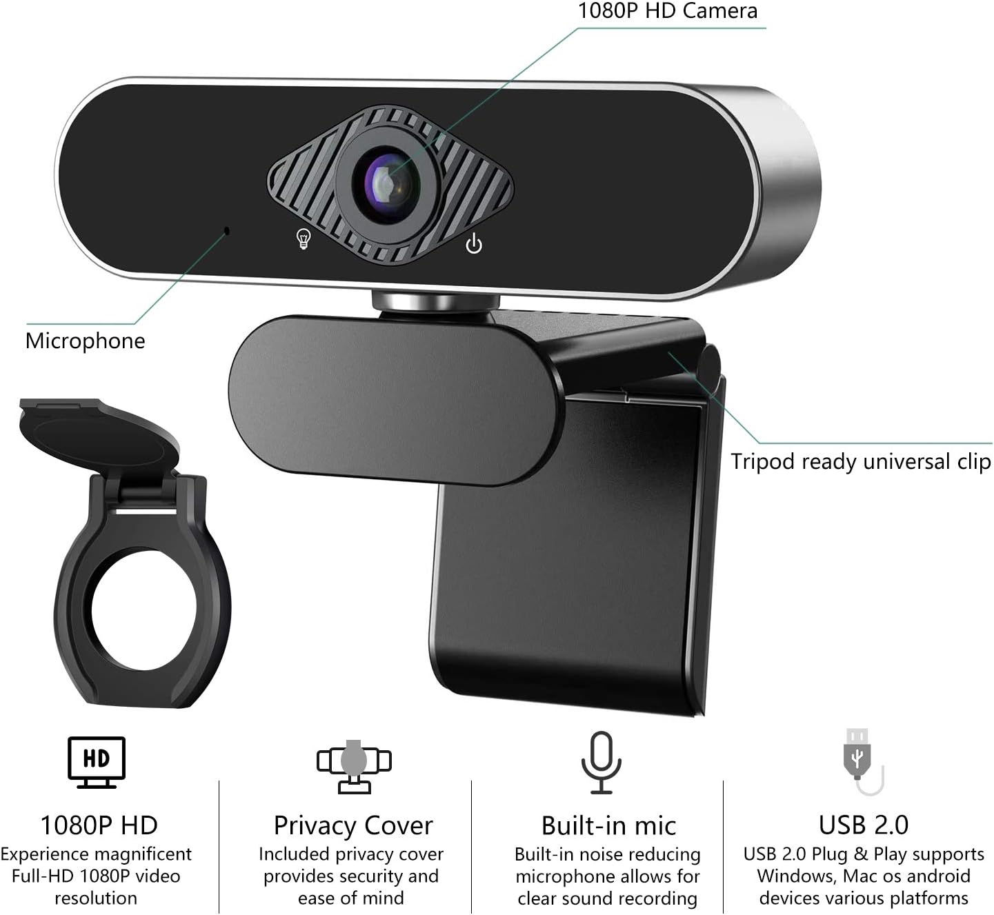 Webcam 1080P HD with Microphone & Privacy Cover, USB Web Cam with Live Streaming HD Video for Mac, PC, Computer and Laptop, Wide Angle Lens 1080P Web Camera with 360 Degree Flexible Mount