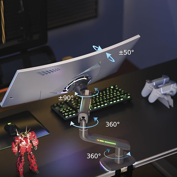 Gaming Monitor Arm for Flat/Ultrawide/Curved Monitors 32 to 60 inch, Heavy Duty Monitor Stand Load up to 20 kg, VESA 75/100 mm Mount (Grey Black)