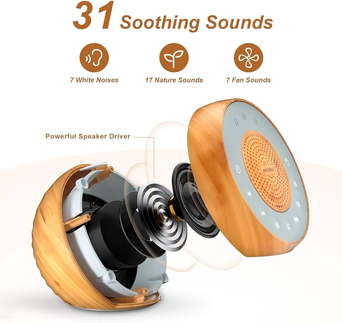 Housbay White Noise Machine with 31 Soothing Sounds, 5W Loud Stereo Sound, Auto-Off Timer, Adjustable Volume, Sleep Sound Machine for Baby, Kid, Adult -Wood Grain