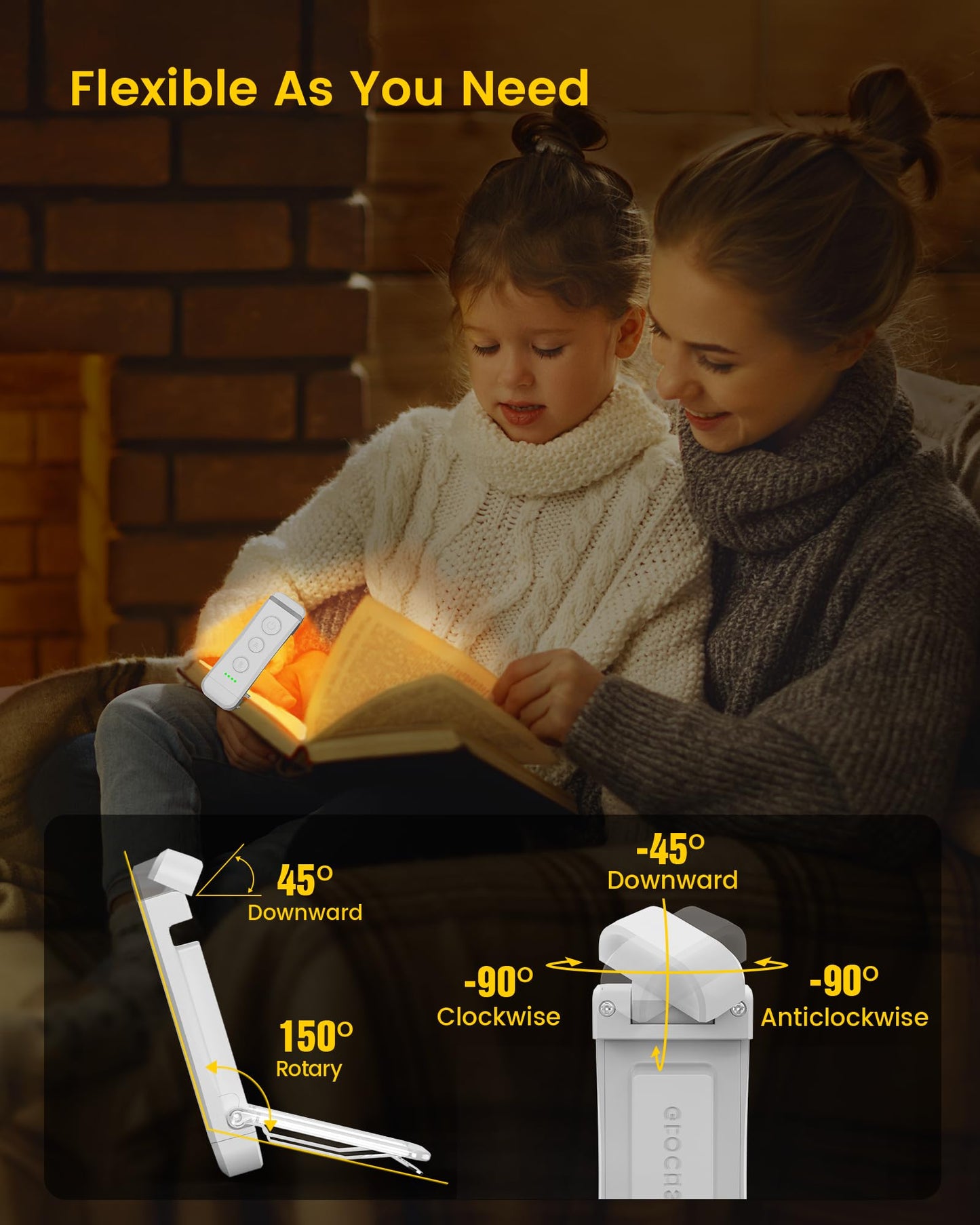 Glocusent USB Rechargeable Book Light for Reading in Bed, Portable Clip-on LED Reading Light, 3 Amber Colors & 5 Brightness Dimmable, Compact & Long Lasting, Perfect for Book Lovers, Kids