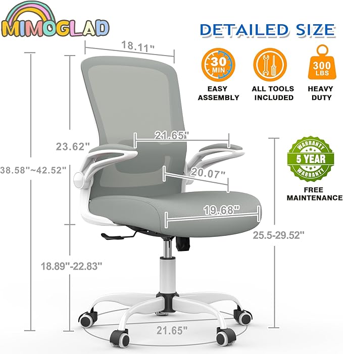 Mimoglad Ergonomic High Back Mesh Office Chair, Adjustable Lumbar Support, Thickened Seat Cushion (Modern, Moon Gray)