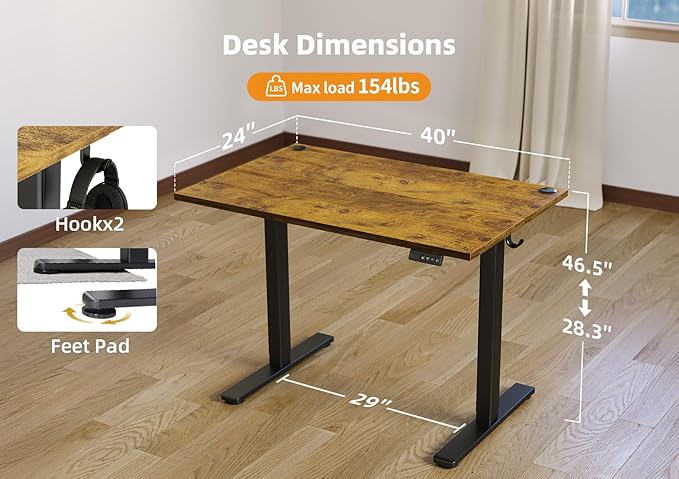 Seang Standing Desk with Adjustable Height, 40x24 Inch Electric Stand Up Desk for Home Office, Studio, Computer Workstation, Rustic Brown Top