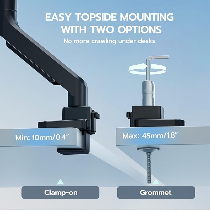 ARES WING Ultrawide Single Monitor Arm, Heavy Duty Monitor Mount for 13"-45" Curved Screens, Adjustable Stand for Desk with C-clamp & Grommet Base up to 40 LBS, Black