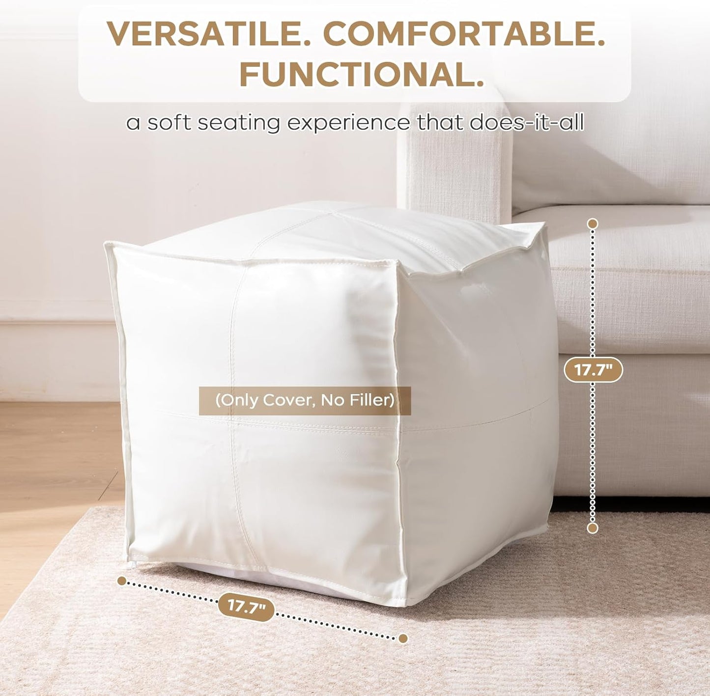 Unstuffed Pouf Ottoman Cover, 17.7x17.7 inch Faux Leather Moroccan Poofy Ottomans Cover, footrest Square White Footstool with Storage Waterproof Easy Cleaning for Living Room (Only Cover No Filler)