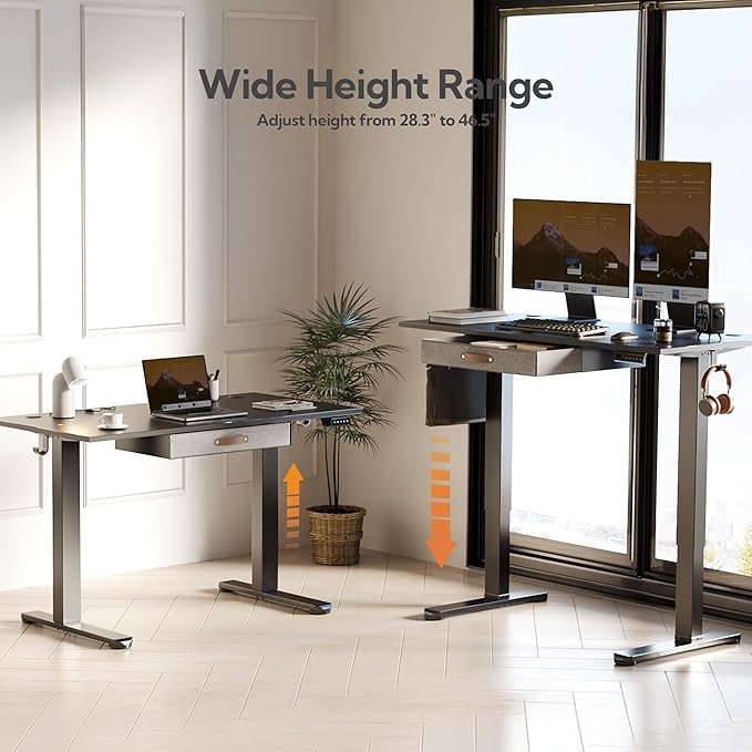 Seang Standing Desk with Drawer, 40" x 24" Height Adjustable Stand Up Desk, 3 Memory Height Settings with Cable Grommets & Storage Hooks, Ideal for Home & Office, Black
