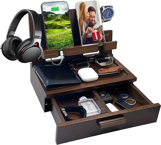 Gifts for Men Women Him Husband Son Boyfriend Birthday Nightstand Organizer Wood Phone Docking Station Birthday Gifts (Deep Walnut)