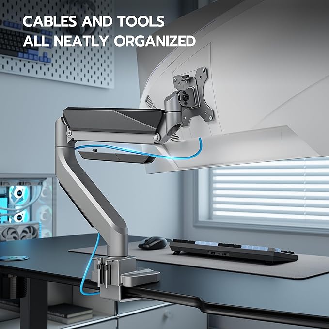 ARES WING Ultrawide Single Monitor Arm, Heavy Duty Monitor Mount for 13"-45" Curved Screens, Adjustable Stand for Desk with C-clamp & Grommet Base up to 40 LBS, Gray