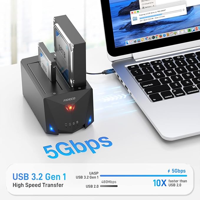 FIDECO USB 3.2 Gen 1 to Hard Drive Docking Station, Hard Drive Dock for 2.5 or 3.5 inch SATA I/II/III HDD SSD with Hard Drive Duplicator/Offline Clone Function and 2 USB Cables, Support UASP